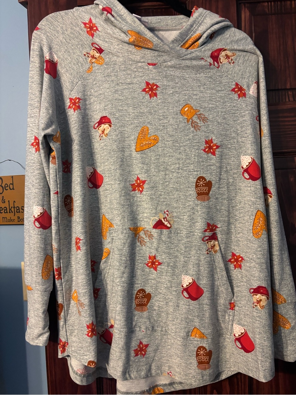 LuLaRoe Gray Hoodie Sweatshirt with Red & Gold Holiday Motifs